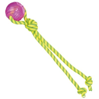 Zoom bild av flytande hundleksak rep med boll aqua toy flyter på vatten flossrep tpr polyester limegrön rosa boll trixie