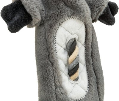 Zoom bild av hundleksak repleksak mjukdjur keldjur åsna mjuk plysch rep pip återvunnen miljövänlig grå vit beige trixie