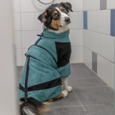 Zoom bild av Trixie Badrock och hemoverall, petrol blå turkos svart hundbadrock