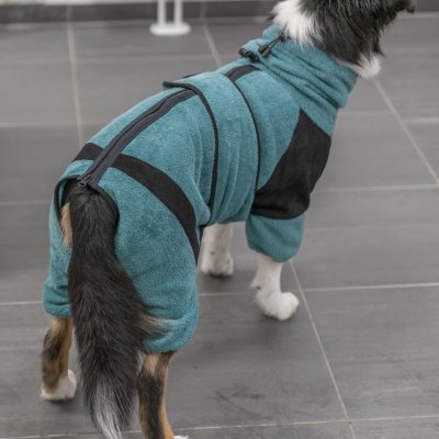 Zoom bild av Trixie Badrock och hemoverall, petrol blå turkos svart hundbadrock