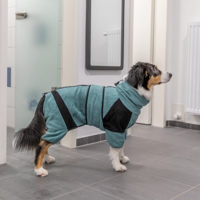 Zoom bild av Trixie Badrock och hemoverall, petrol blå turkos svart hundbadrock