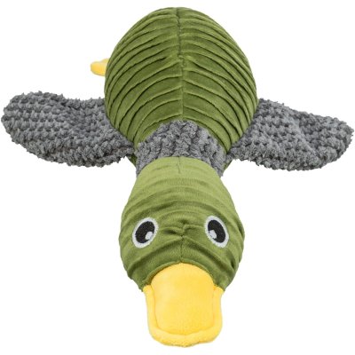 Zoom bild av hundleksak gosdjur mjukdjur hundgosdjur gosedjur keldjur anka mjuk plysch pip återvunnen miljövänlig pip grön grå gul trixie