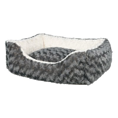 Zoom bild av hundbädd kattbädd mjuk bädd fyrkantig ekologisk miljövänlig återvunnet material grå beige plysch trixie