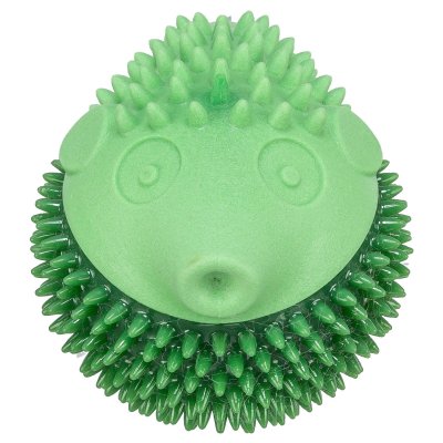 Zoom bild av hundleksak grön gummi blåsfisk piggar mjuk skonsam tänder tuggleksak gummileksak tpr teroplastiskt gummi trixie pip ljud rolig