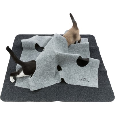 Zoom bild av kattleksak kattlekmatta lekmatta leksak katt katter tyg polyester äventyrsmatta aktivitetsmatta grå svart filt cat activity trix
