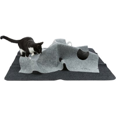 Zoom bild av kattleksak kattlekmatta lekmatta leksak katt katter tyg polyester äventyrsmatta aktivitetsmatta grå svart filt cat activity trix