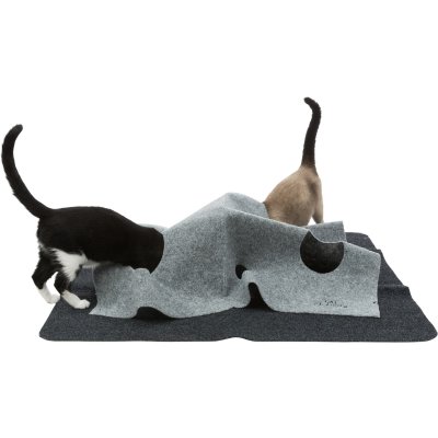Zoom bild av kattleksak kattlekmatta lekmatta leksak katt katter tyg polyester äventyrsmatta aktivitetsmatta grå svart filt cat activity trix
