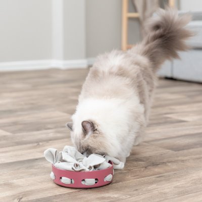 Zoom bild av aktiveringsskål snuffelmatta nose work katt aktiveringsmatskål kattmatskål stimulerar pussel spel långsam slow eating hjärngympa