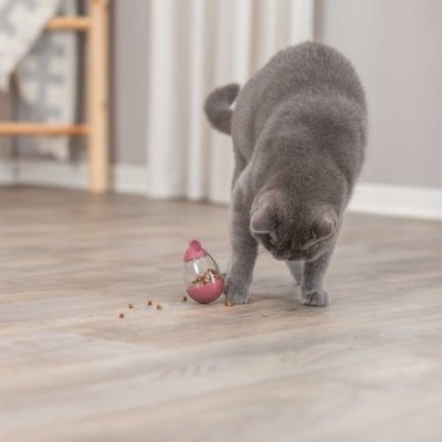 Zoom bild av cat activity snacksleksak godisgömma aktiveringsleksak aktivering katt kattaktivering godisvobbel mus rosa grön trixie plast