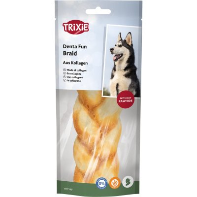 Zoom bild av hundtugg tuggpinne tuggben tuggfläta kollagen kyckling skonsamt naturligt glutenfritt utan tillsatt socker trixie denta fun