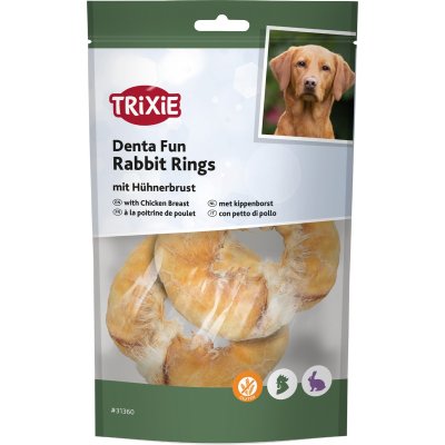 Zoom bild av Trixie Denta Fun kaninringar med kycklingbröst, 100 g hundtugg kanin kaninhud tugg hundgodis