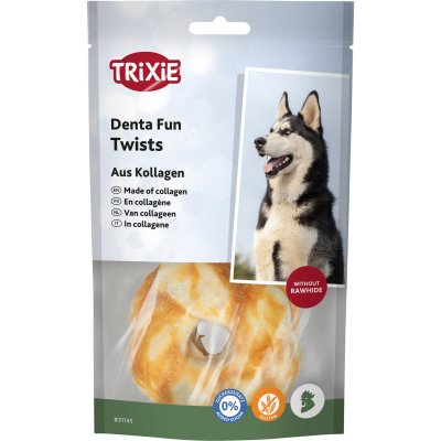 Zoom bild av denta fun hundtugg tuggpinnar tuggringar gott glutenfritt utan tillsatt socker naturligt kyckling kollagen hög smältbarhet ringa