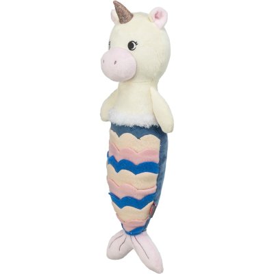 Zoom bild av hundleksak aktivering godisgömma snacksleksak mjuk plysch vit blå rosa enhörning sjöjungfru trixie mjukdjur aktiveringsleksak