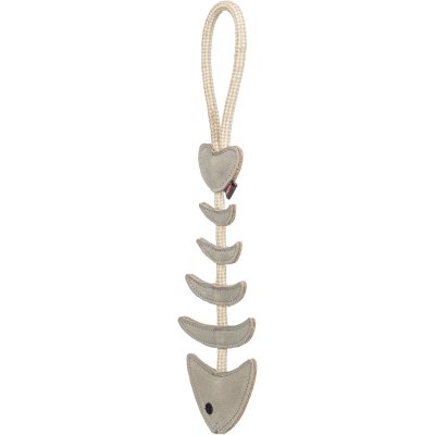 Zoom bild av hundleksak läder läderleksak hund rep naturlig hållbar rolig robust interaktiv fiskben fisk grå beige trixie