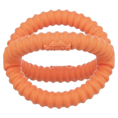 Zoom bild av hundleksak flytande leksak tpr skum gummi flyter på vattnet hav sjö lek hundlek 14 cm 17 cm orange neongul blandade färger trixi