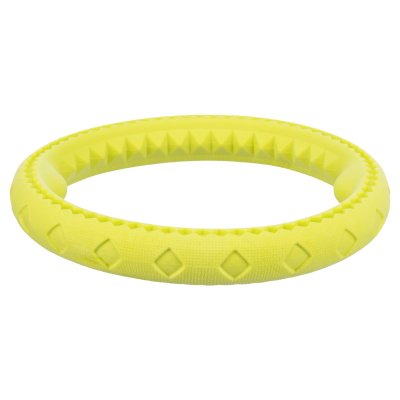 Zoom bild av hundleksak flytande ring tpu skum färgglad neon orange rosa gul leksak hund trixie pool vattenlek