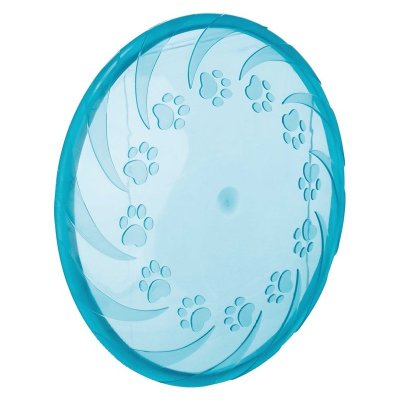 Zoom bild av frisbee flytande hundfrisbee hundleksak flyter vatten tpr låg skaderisk vattenlek grön blå trixie