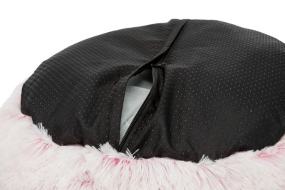 Zoom bild av harveybädd hundbädd kattbädd fluffbädd harvey bädd fluffig långhårig plysch fyllning dyna halkfri botten vit svart rosa trixie