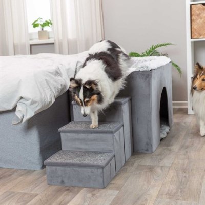 Zoom bild av hundbädd hundkoja kattbädd kattkoja bädd med trappa hundramp hundstege hundtrappa mjuk fluffbädd förvaring sammetslook plysch gr