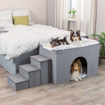 Zoom bild av hundbädd hundkoja kattbädd kattkoja bädd med trappa hundramp hundstege hundtrappa mjuk fluffbädd förvaring sammetslook plysch gr