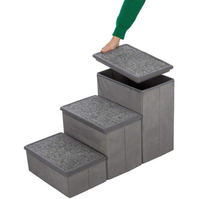 Zoom bild av hundbädd hundkoja kattbädd kattkoja bädd med trappa hundramp hundstege hundtrappa mjuk fluffbädd förvaring sammetslook plysch gr