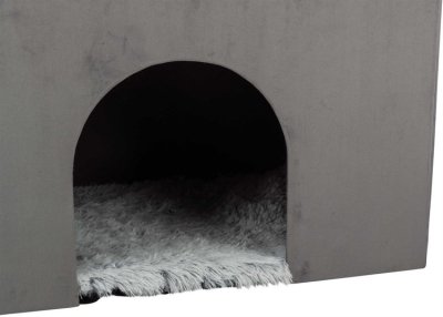 Zoom bild av hundbädd hundkoja kattbädd kattkoja bädd med trappa hundramp hundstege hundtrappa mjuk fluffbädd förvaring sammetslook plysch gr