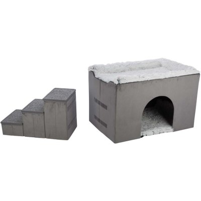 Zoom bild av hundbädd hundkoja kattbädd kattkoja bädd med trappa hundramp hundstege hundtrappa mjuk fluffbädd förvaring sammetslook plysch gr