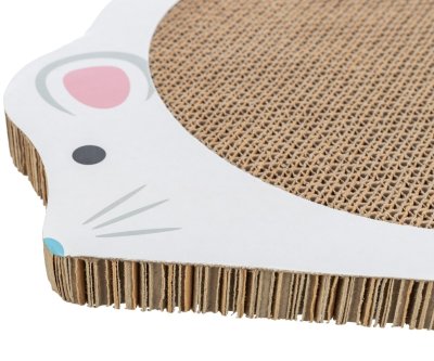 Zoom bild av klösbräda klösplatta klösmatta klös kattklös wellpapp mus rund rolig kattleksak vit trixie