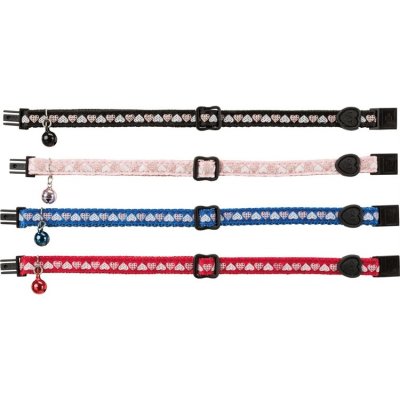 Zoom bild av katthalsband snabblås justerbart bjällra säkert utekatt stilrent nylon hjärtan trixie rosa svart röd blå