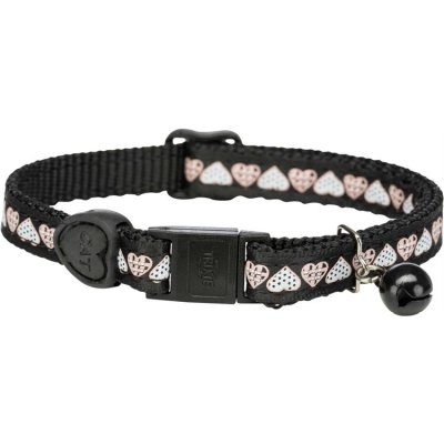 Zoom bild av katthalsband snabblås justerbart bjällra säkert utekatt stilrent nylon hjärtan trixie rosa svart röd blå