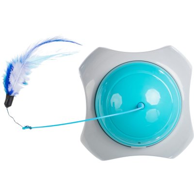 Zoom bild av kattleksak jaga fånga blå grå fjäder batteridriven motordriven leksak trixie