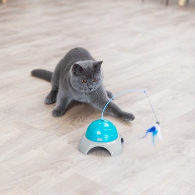 Zoom bild av kattleksak jaga fånga blå grå fjäder batteridriven motordriven leksak trixie