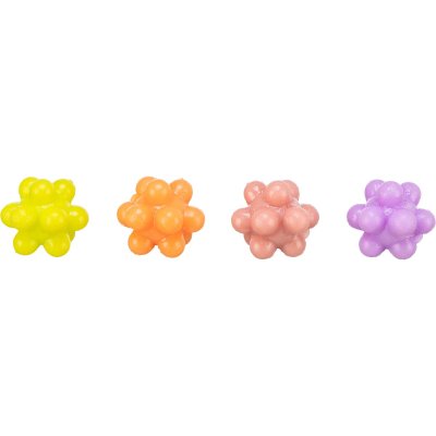 Zoom bild av kattleksak gummiboll knopp katt leksak färgglad rolig studsar oregelbundet gul orange rosa lila trixie knoppar