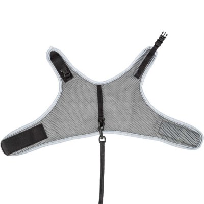 Zoom bild av kattsele rymningssäker kattselen grå andningsbar elastiskt koppel luftig bekväm nätmaterial reflex grå justerbar