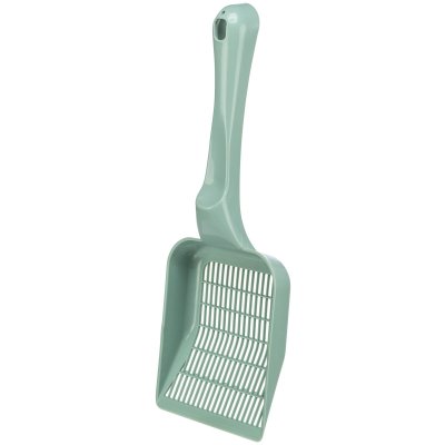 Zoom bild av kattspade kraftig fin blå grön mörkgrå trixie plast stadig finmönstrad kattsand kattsandskopa kattsandspade kattoalett