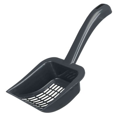 Zoom bild av kattspade kattsandspade kattskopa kristallsand kraftig skopa kattoalett blandade färger svart blå grön plast trixie
