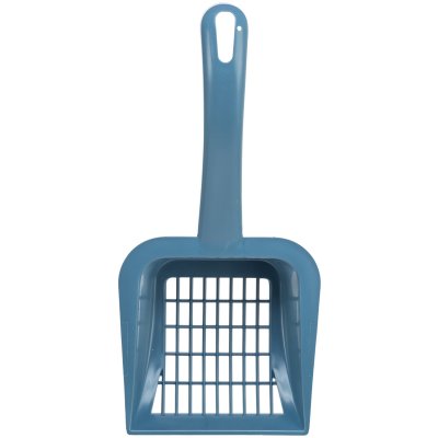 Zoom bild av kattspade kattsandspade kattskopa kristallsand kraftig skopa kattoalett blandade färger svart blå grön plast trixie