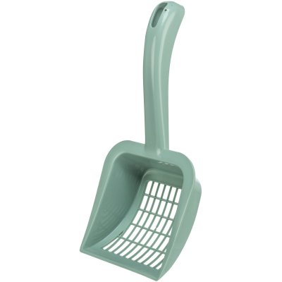 Zoom bild av kattspade kattsandspade kattskopa kristallsand kraftig skopa kattoalett blandade färger svart blå grön plast trixie
