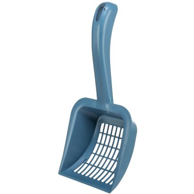 Zoom bild av kattspade kattsandspade kattskopa kristallsand kraftig skopa kattoalett blandade färger svart blå grön plast trixie