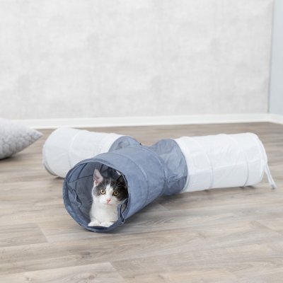 Zoom bild av kattunnel lektunnel kattleksak tunnel katt lekplats tunnlar grå vit trixie