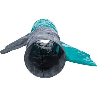 Zoom bild av kattunnel tunnel för katt kattleksak gömställe gömplats katt leksak rolig grå grön nylon prasselfolie slitstark 4 öppningar trix