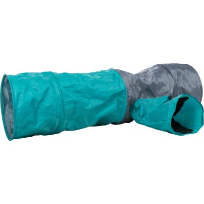 Zoom bild av kattunnel tunnel för katt kattleksak gömställe gömplats katt leksak rolig grå grön nylon prasselfolie slitstark 4 öppningar trix