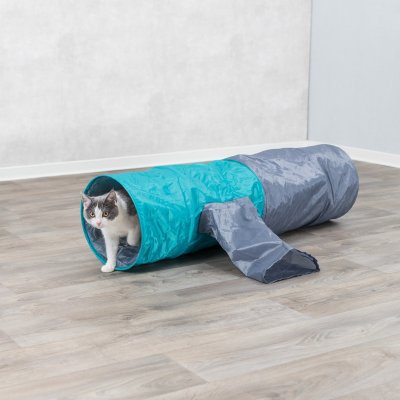 Zoom bild av kattunnel tunnel för katt kattleksak gömställe gömplats katt leksak rolig grå grön nylon prasselfolie slitstark 4 öppningar trix