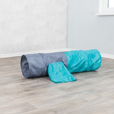 Zoom bild av kattunnel tunnel för katt kattleksak gömställe gömplats katt leksak rolig grå grön nylon prasselfolie slitstark 4 öppningar trix