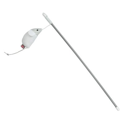Zoom bild av kattleksak kattvippa kattspö med mus plysch polyester kattmynta 46 cm trixie vit grå rolig uppmuntrar stimulerande katt jakt