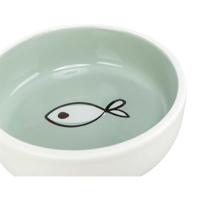 Zoom bild av kattmatskål kattskål keramikskål katt fisk rosa grön vit keramik trixie