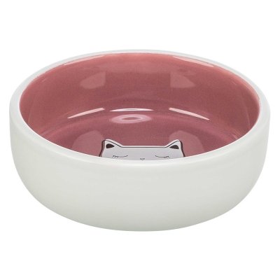 Zoom bild av kattmatskål kattskål keramikskål katt fisk rosa grön vit keramik trixie
