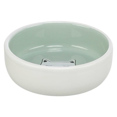 Zoom bild av kattmatskål kattskål keramikskål katt fisk rosa grön vit keramik trixie