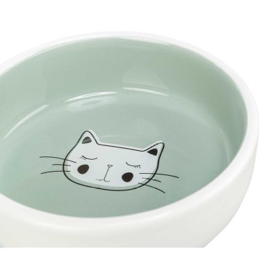 Zoom bild av kattmatskål kattskål keramikskål katt fisk rosa grön vit keramik trixie