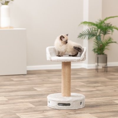Zoom bild av klösmöbel med lekbas kattleksak klösträd kattklös klöspinne klöspelare kattbädd kattlek trixie grå beige plysch jute